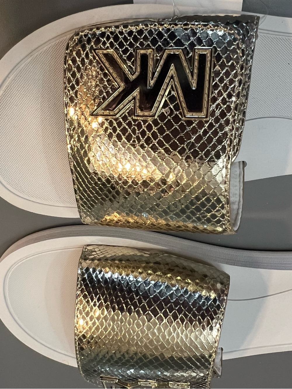 Michael Kors Metallic Logo Slide Sandals in Silver, Gold, and White - Picture 7 of 8